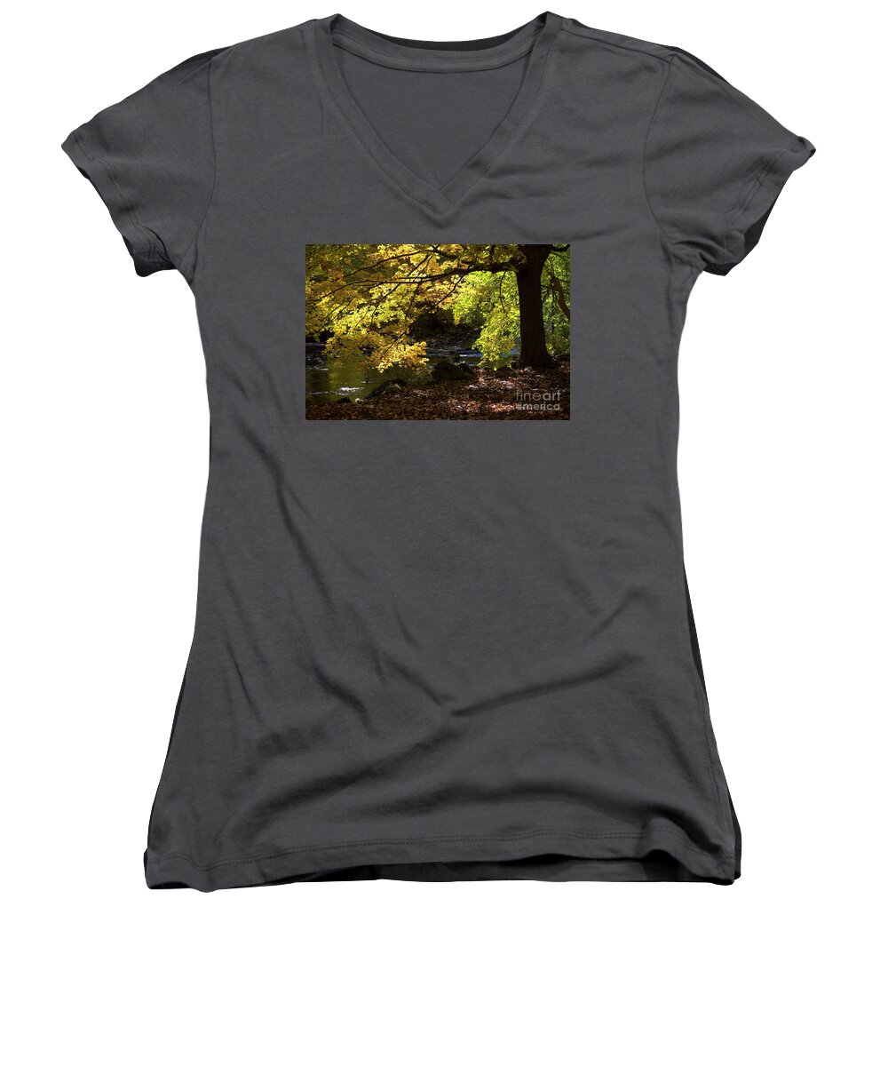 Autumn Women's V-Neck featuring the pyrography Autumn Stream by Tom Brickhouse