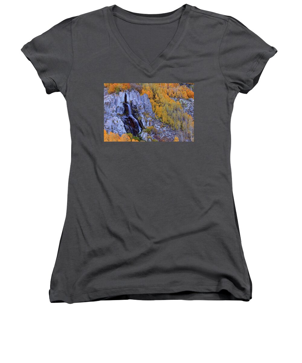Fall Women's V-Neck featuring the photograph Autumn surrounds Mist Falls in the Eastern Sierras by Jetson Nguyen