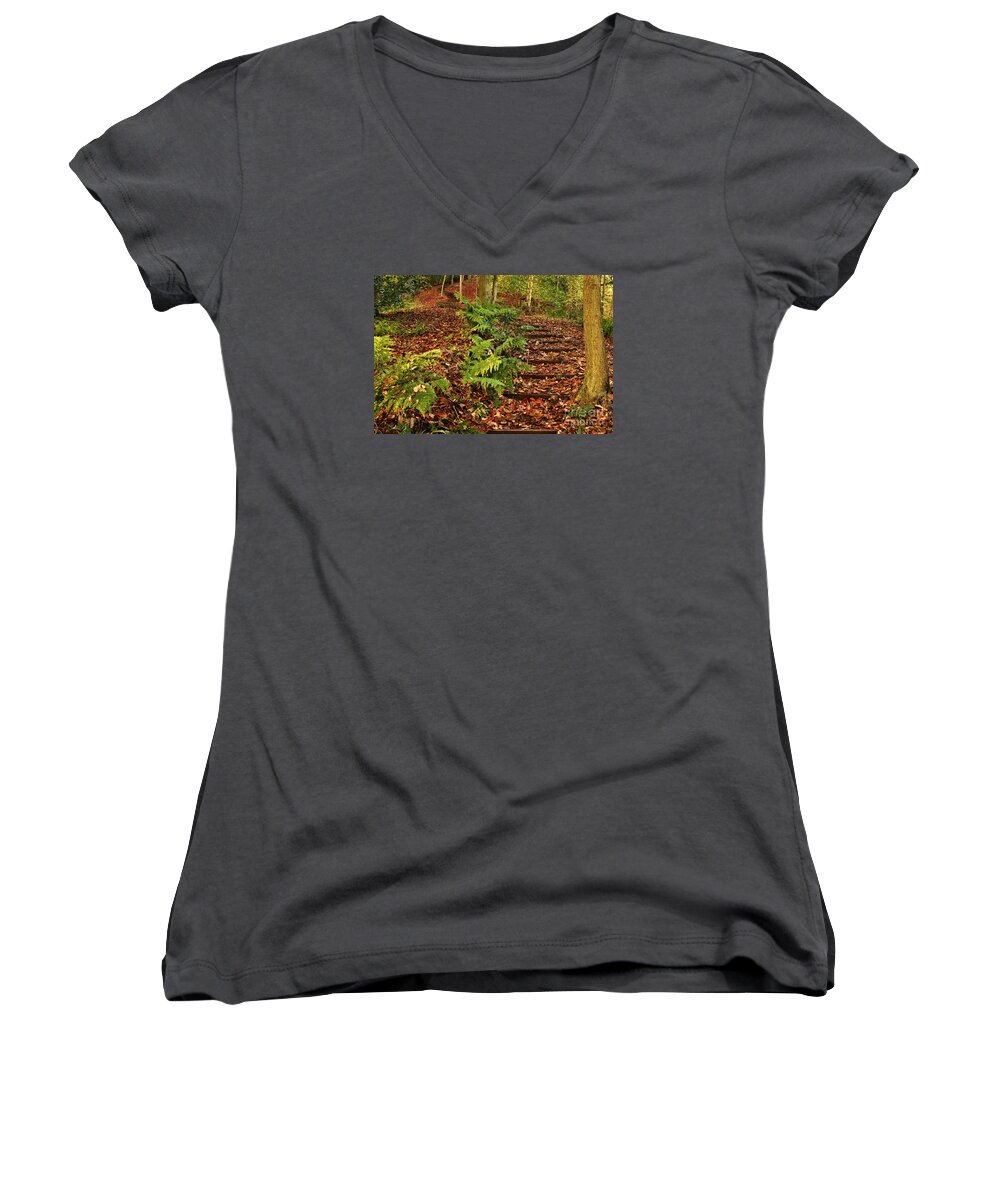 Fall Women's V-Neck featuring the photograph Autumn Woodland Path by Martyn Arnold