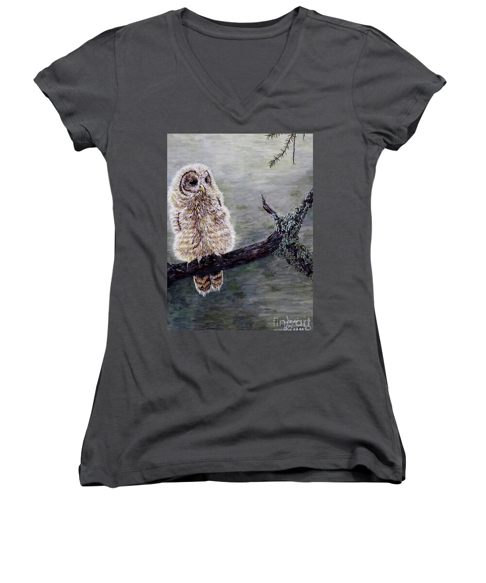 Owl Women's V-Neck featuring the painting Baby Owl by Judy Kirouac