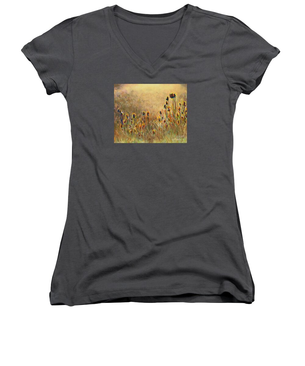 Thistle Women's V-Neck featuring the painting Backlit Thistle by Frances Marino