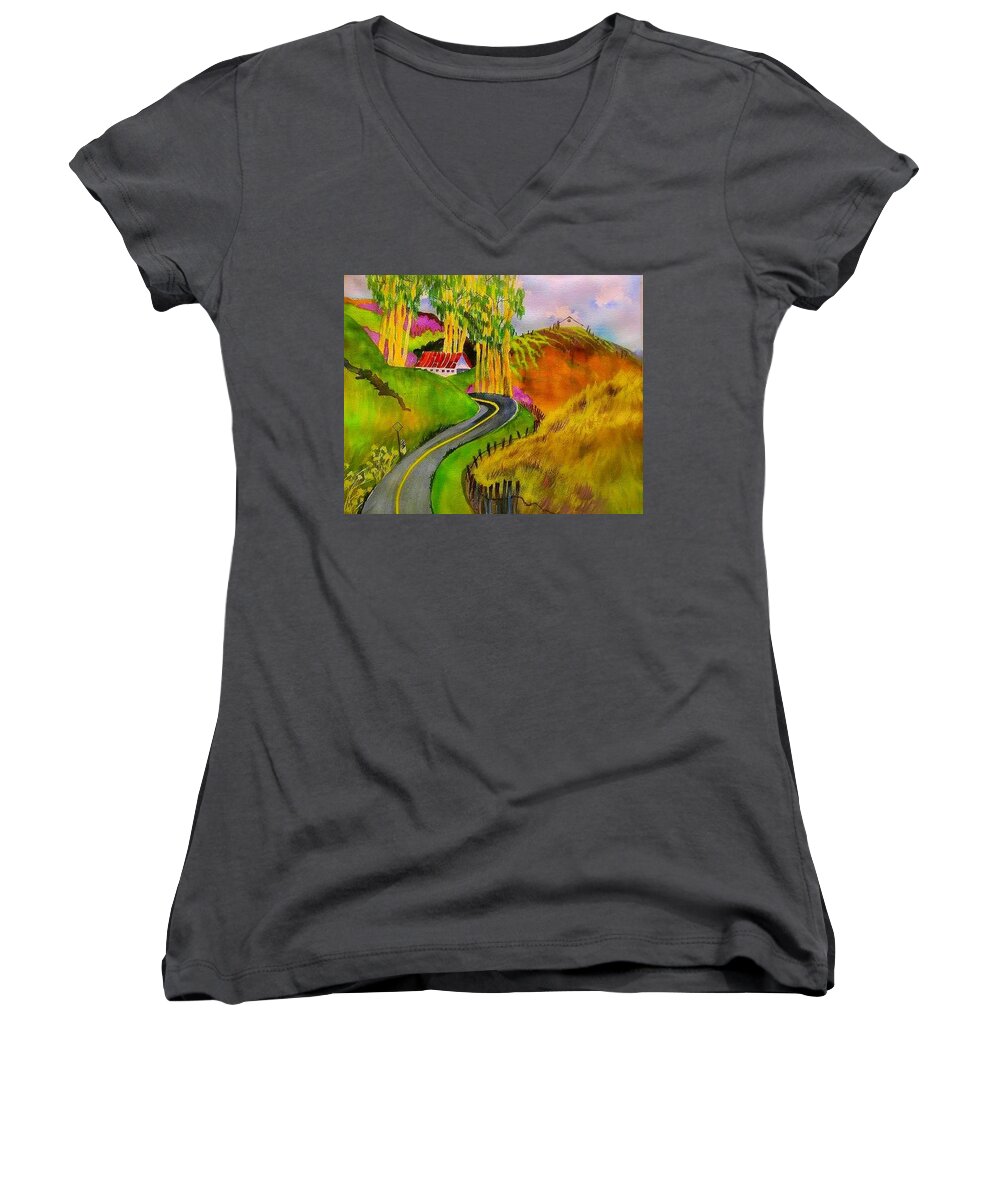 County Road Women's V-Neck featuring the painting Backroads Sonoma County by Esther Woods