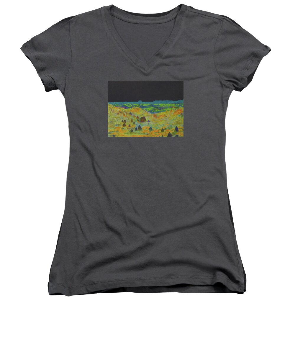 North Dakota Women's V-Neck featuring the painting Badlands Nocturne by Cris Fulton