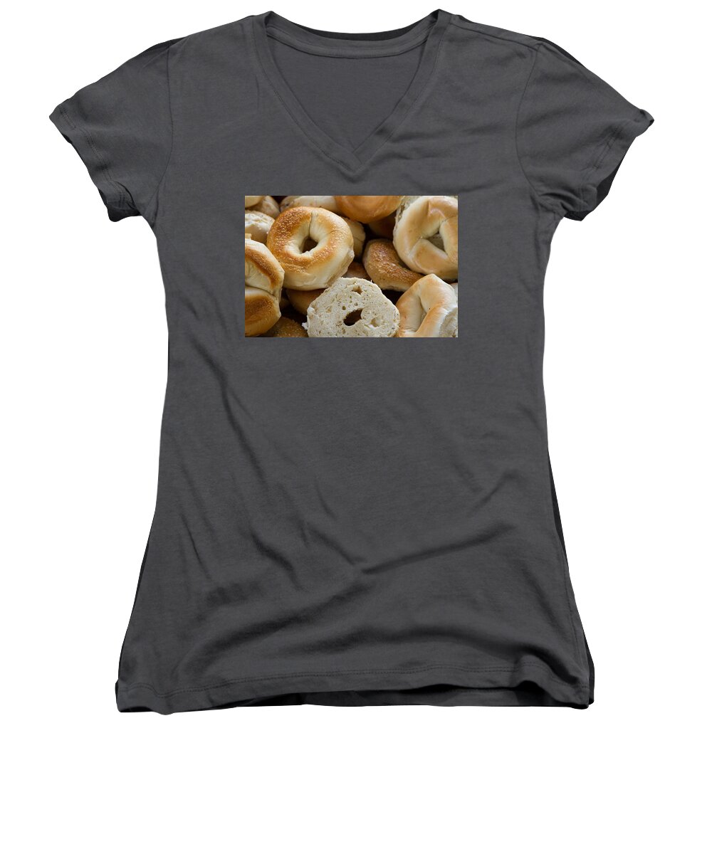 Food Women's V-Neck featuring the photograph Bagels 1 by Michael Fryd