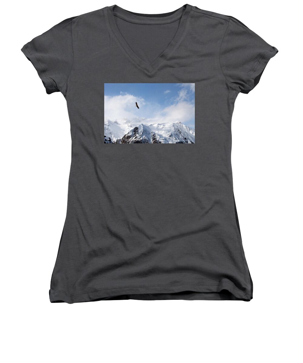 Alaska Women's V-Neck featuring the photograph Bald eagle over mountains by Michele Cornelius