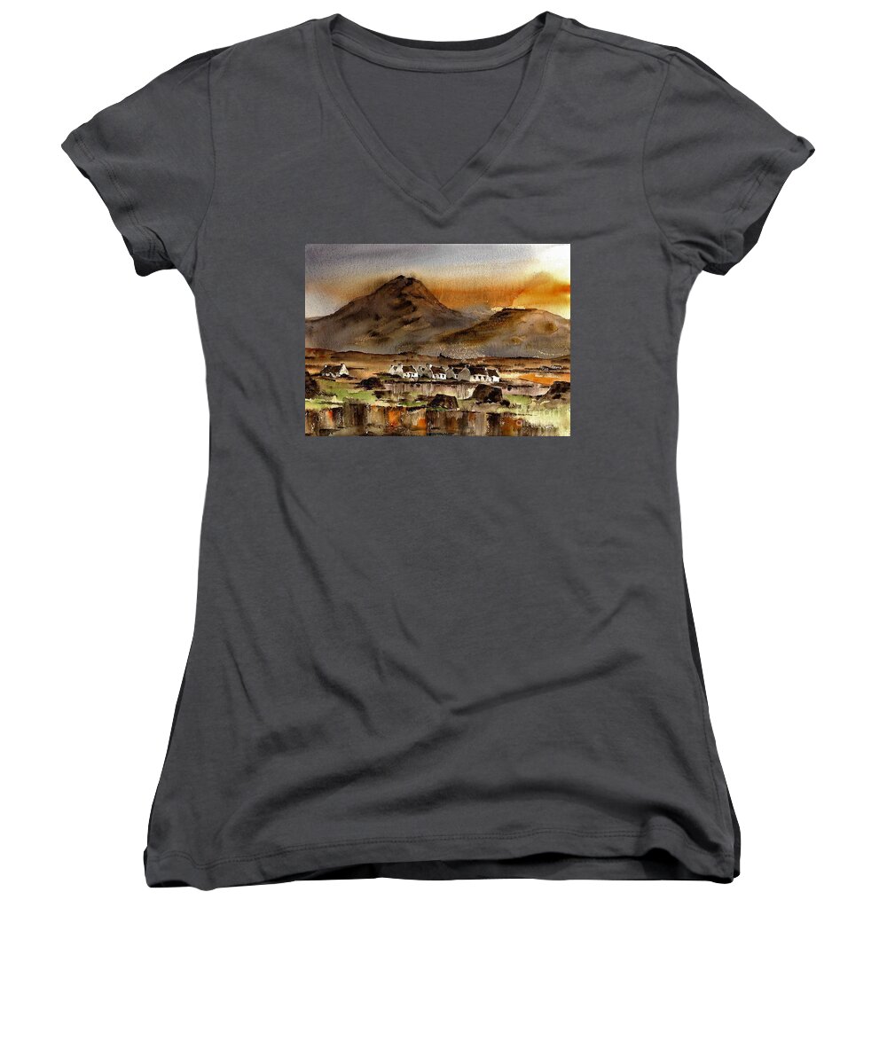 Ireland Women's V-Neck featuring the painting Ballinakill Bog, Connemara by Val Byrne