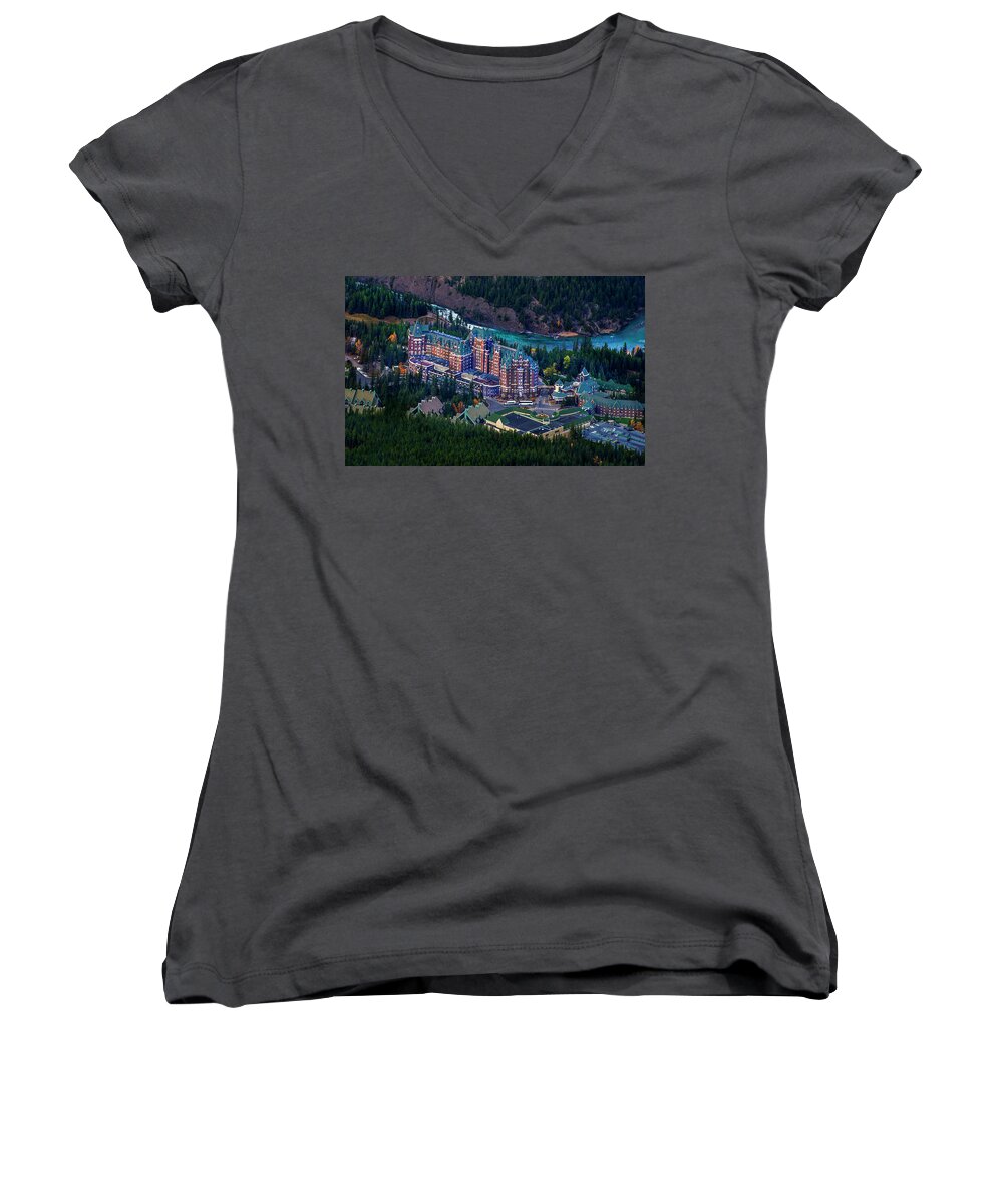 Golden Women's V-Neck featuring the photograph Banff Springs Hotel by John Poon