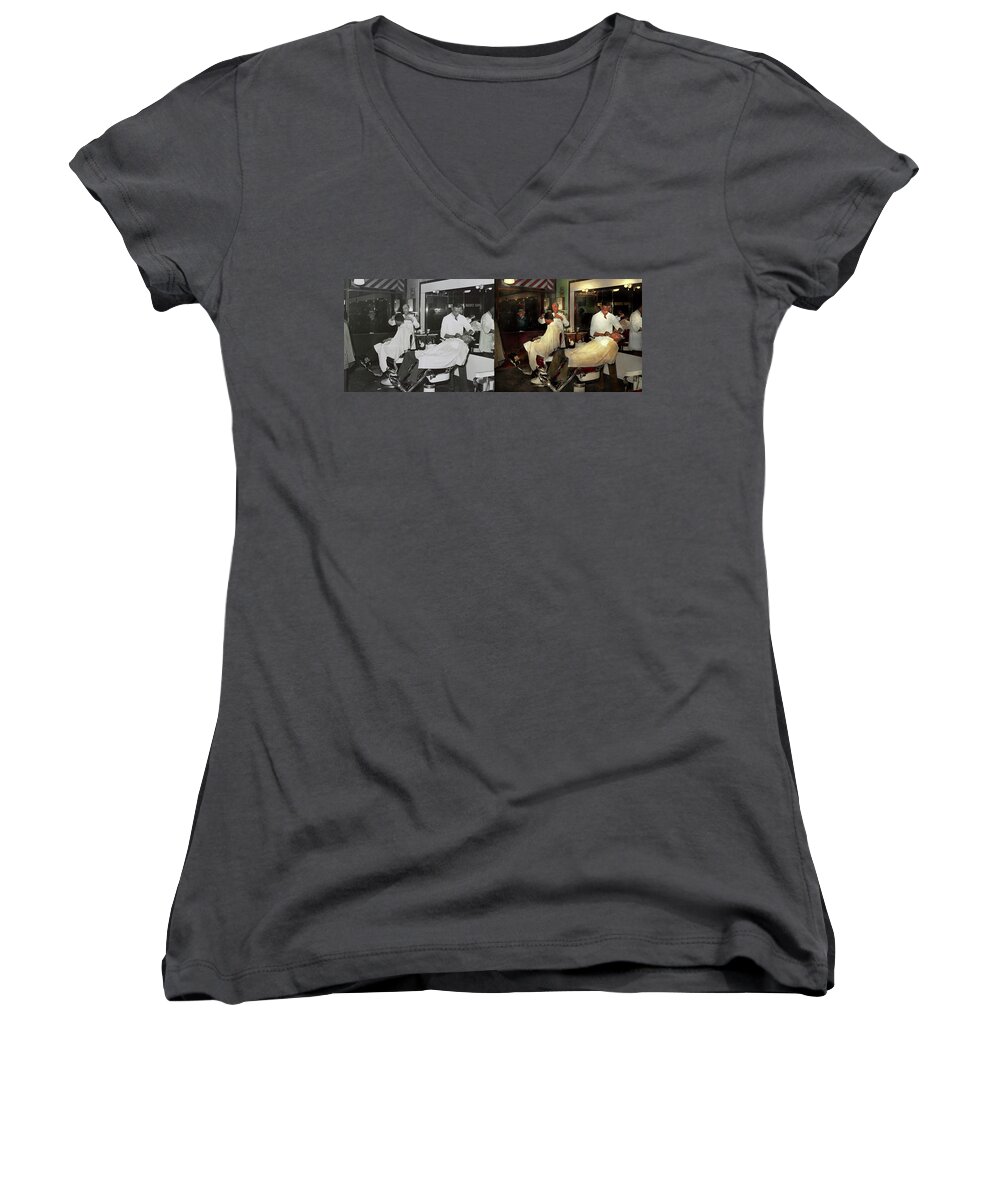 Barber Art Women's V-Neck featuring the photograph Barber - A time honored tradition 1941 - Side by Side by Mike Savad