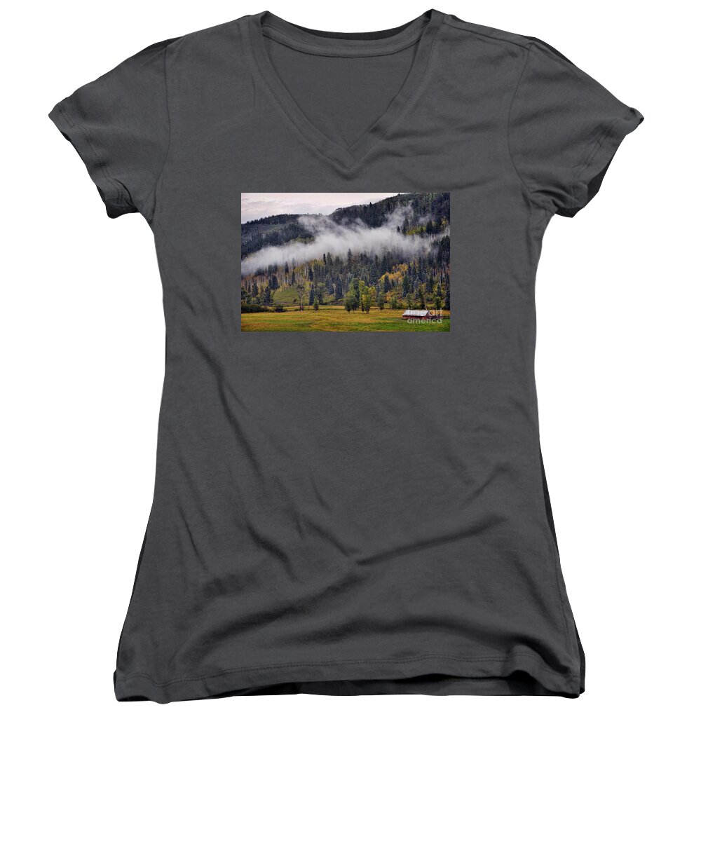 Barn Women's V-Neck featuring the photograph Barn in the Mist by Randy Rogers