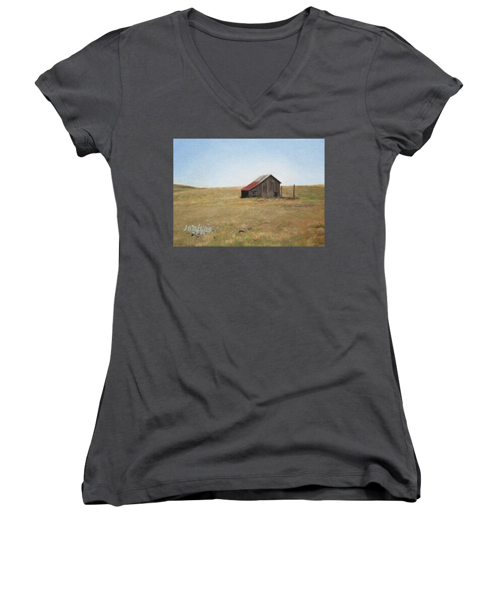 Landscape Women's V-Neck featuring the painting Barn by Joshua Martin