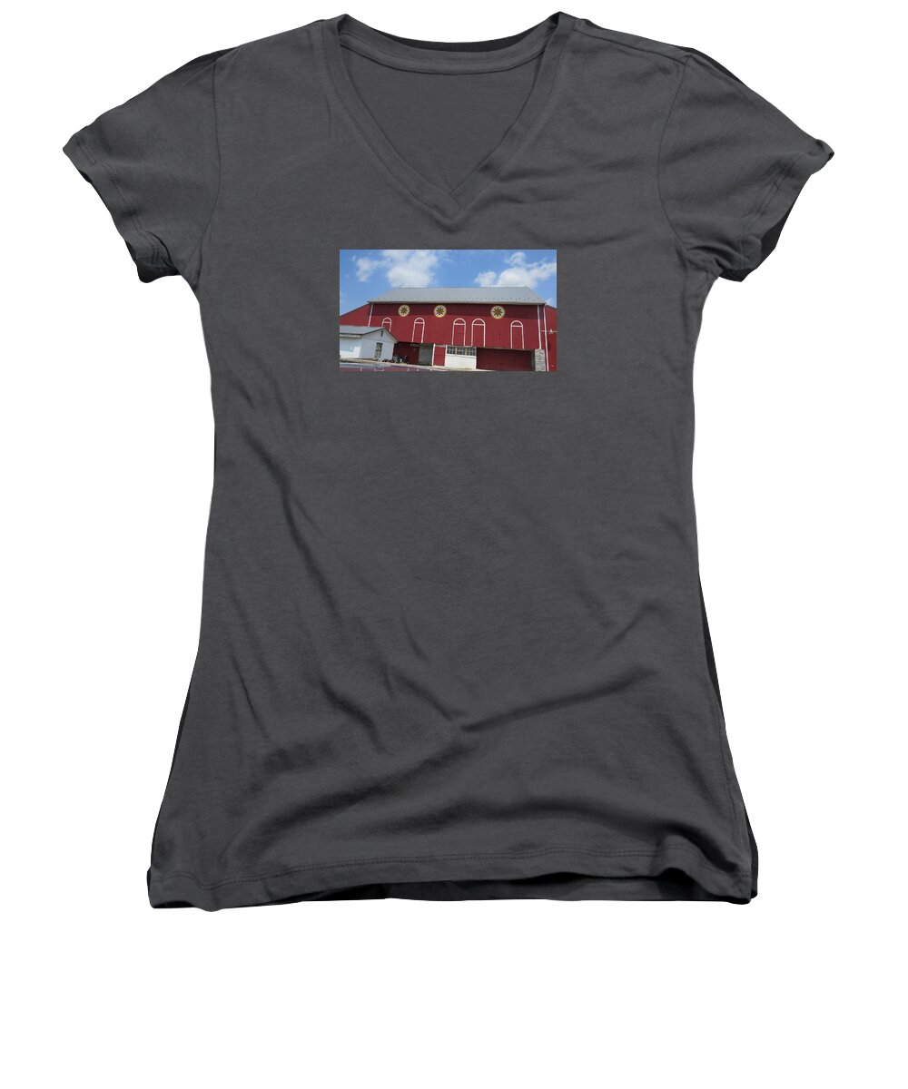 Red Barn Women's V-Neck featuring the photograph Barn with Hex Signs by Jeanette Oberholtzer