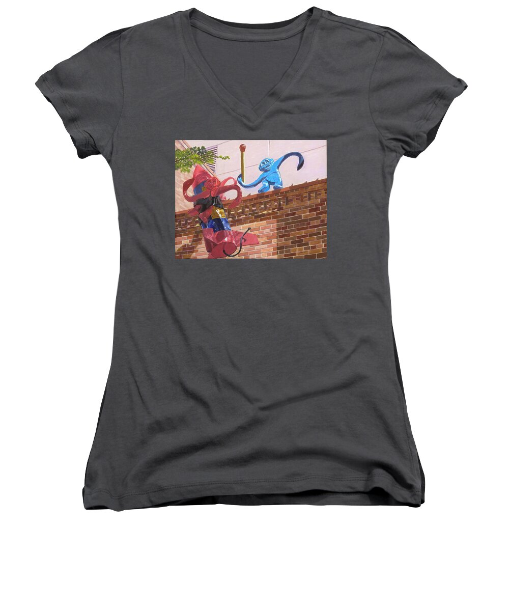 Toy Women's V-Neck featuring the painting Barrel of Fun by Lynne Reichhart