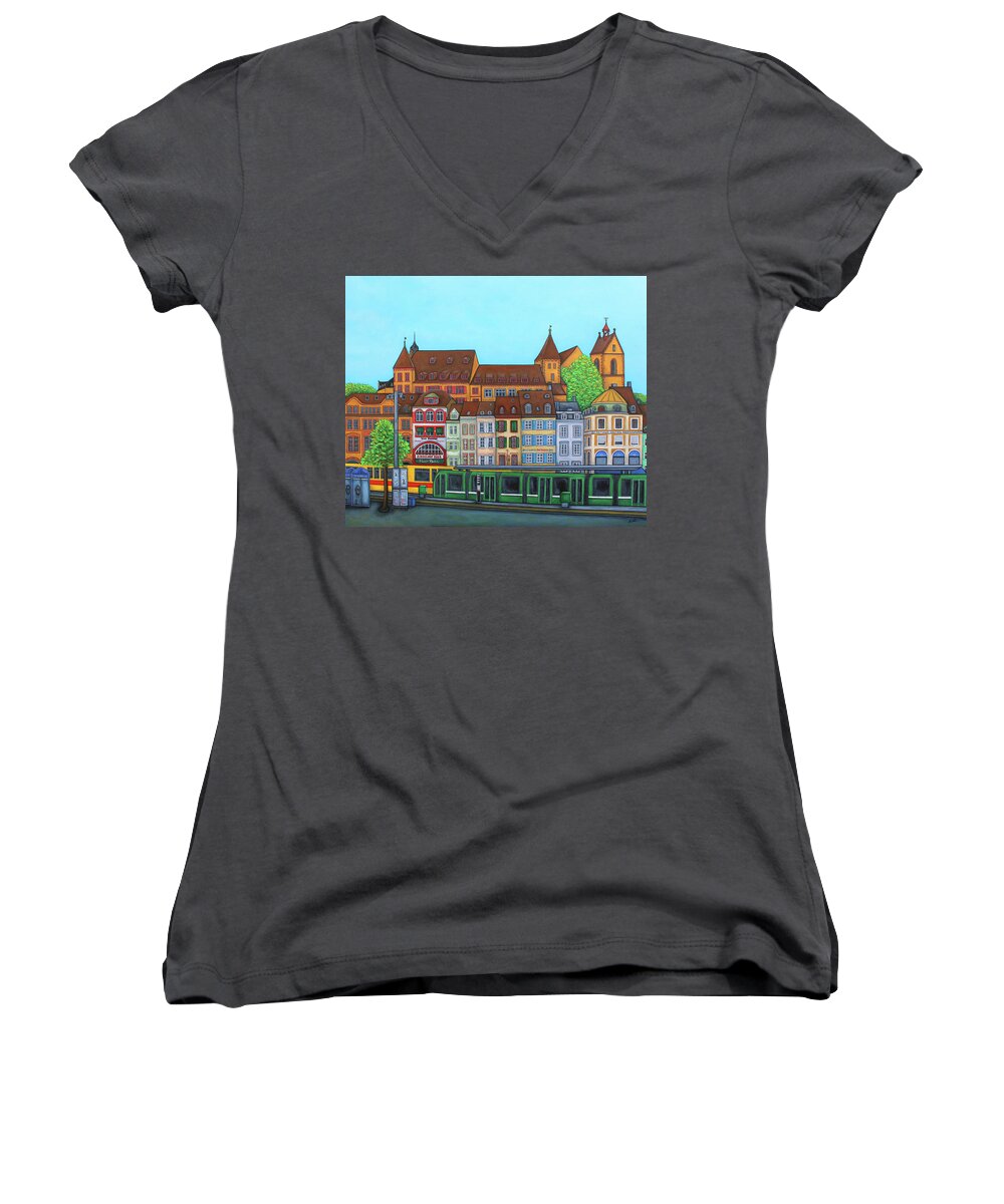 Basel Women's V-Neck featuring the painting Basel, Barfusserplatz Rendez-vous by Lisa Lorenz