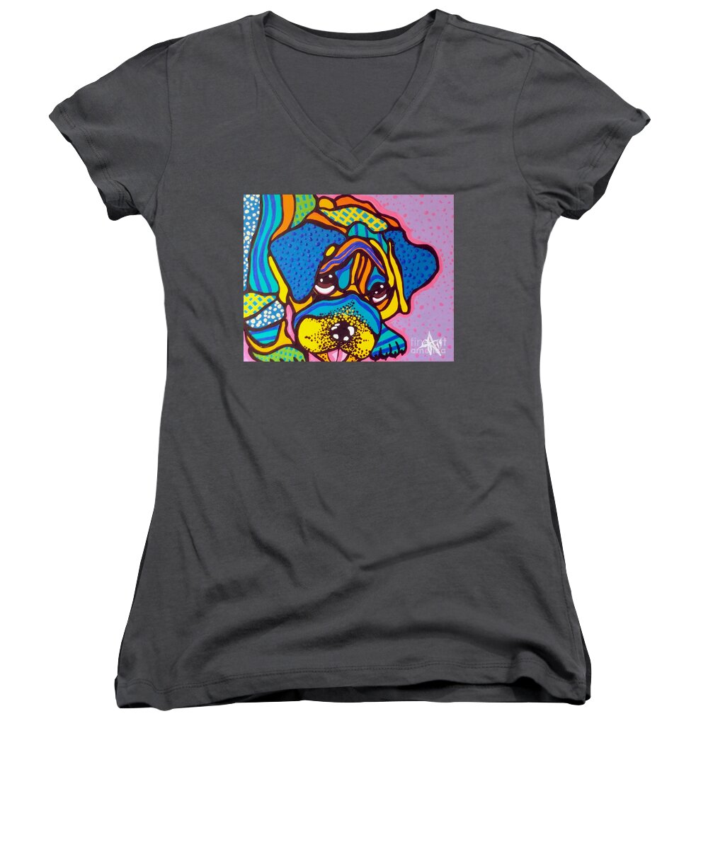 Bashful Women's V-Neck featuring the painting Bashful Bulldog Dogs Pet Lover Fun Colorful AnimalsDog Puppy by Jackie Carpenter
