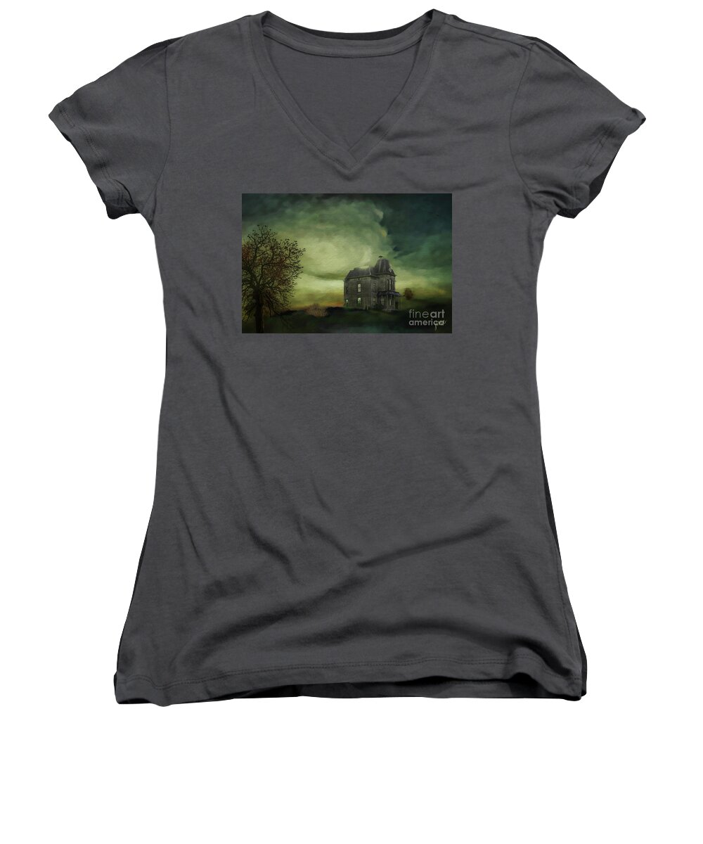 Bates Motel . Phsyco Women's V-Neck featuring the mixed media Bates Residence by Jim Hatch