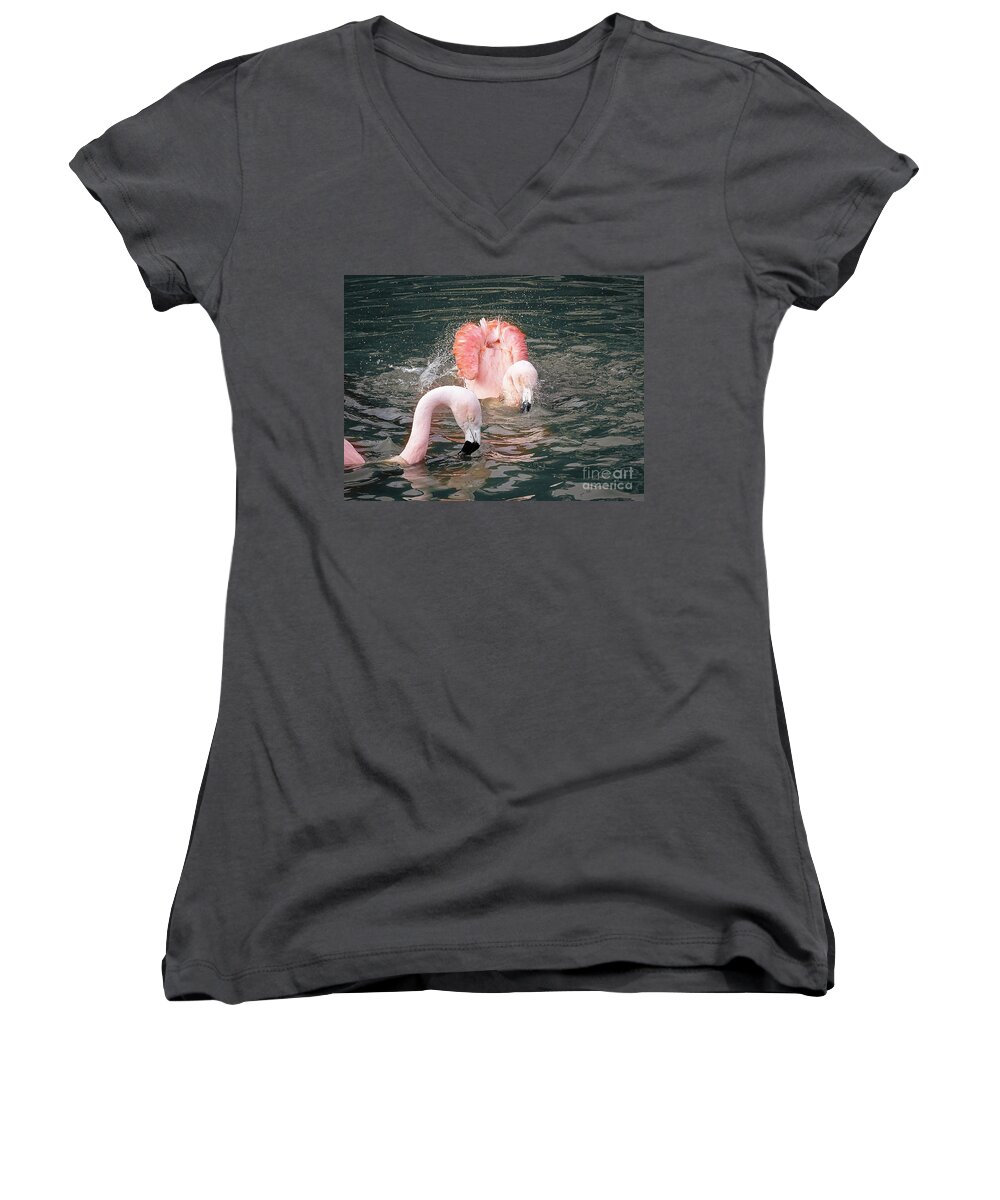 Photoshop Women's V-Neck featuring the photograph Bath Time For the Flamingos by Melissa Messick