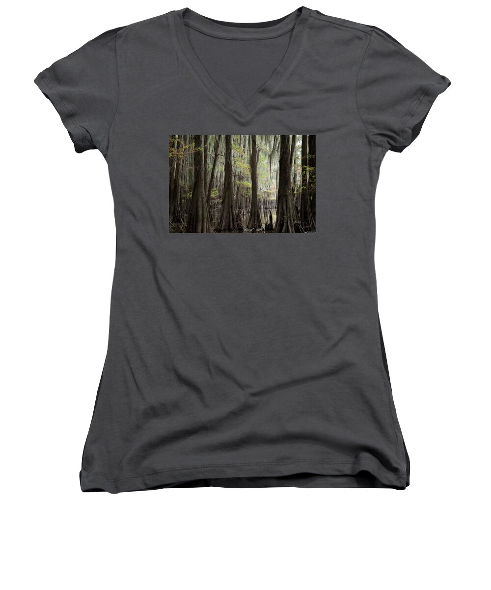Swampland Women's V-Neck featuring the photograph Bayou Trees by David Chasey
