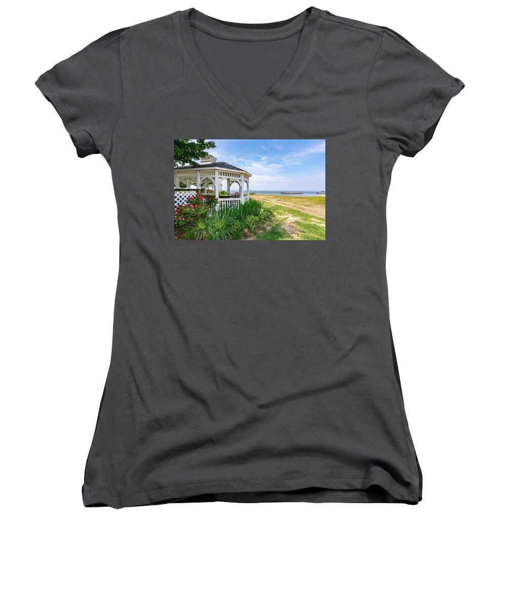 Landscape Women's V-Neck featuring the photograph Beach at Rock Hall by Charles Kraus