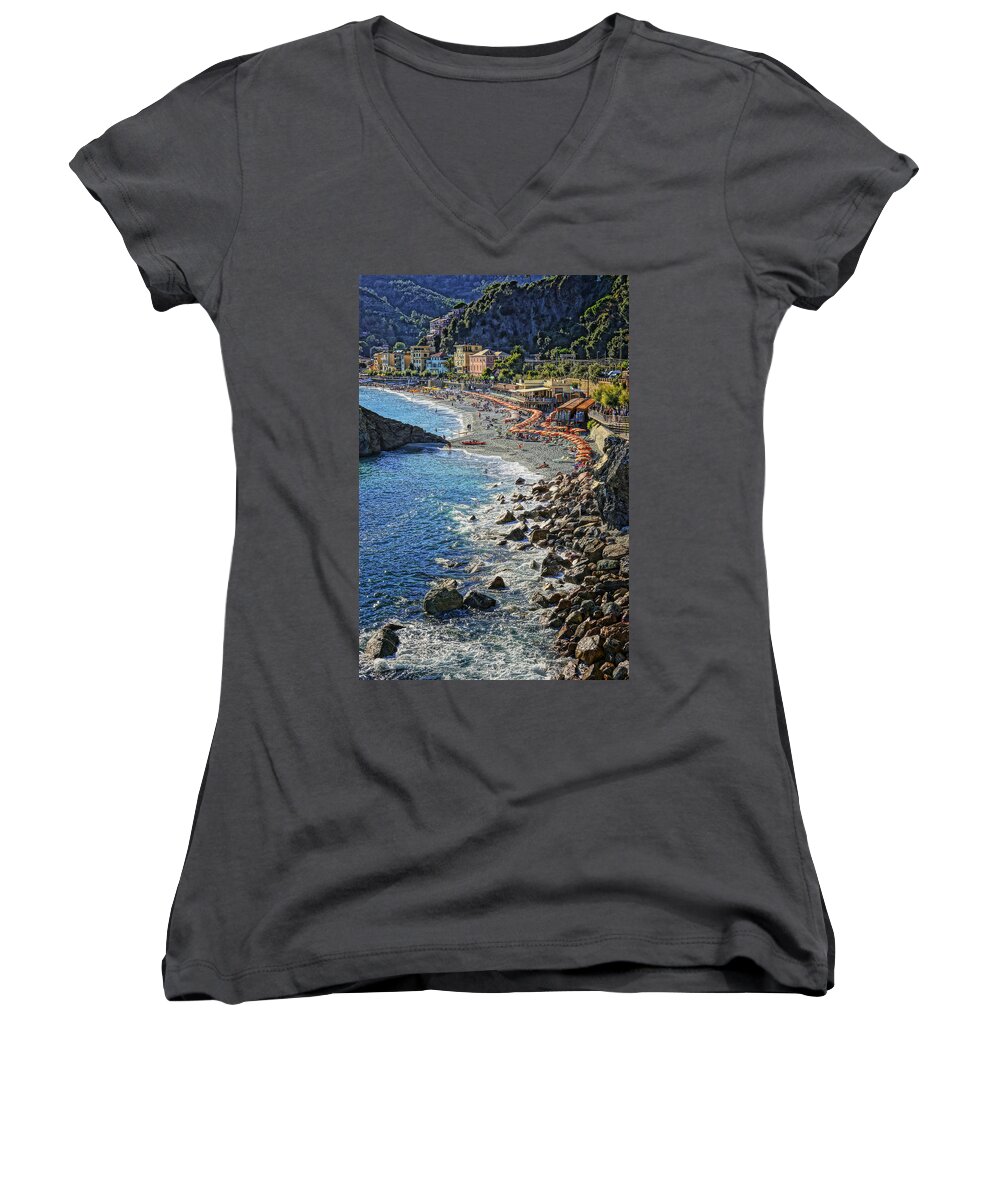 Beach Women's V-Neck featuring the photograph Beach Monterosso Italy DSC02467 by Greg Kluempers