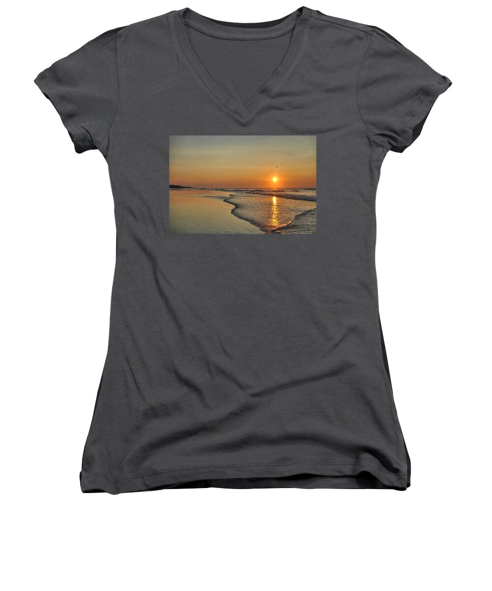 Sunset Women's V-Neck featuring the photograph Topsail NC Beach Sunrise by Doug Ash