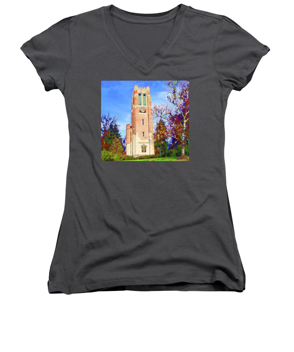 Beaumont Tower Women's V-Neck featuring the mixed media Beaumont Tower by DJ Fessenden
