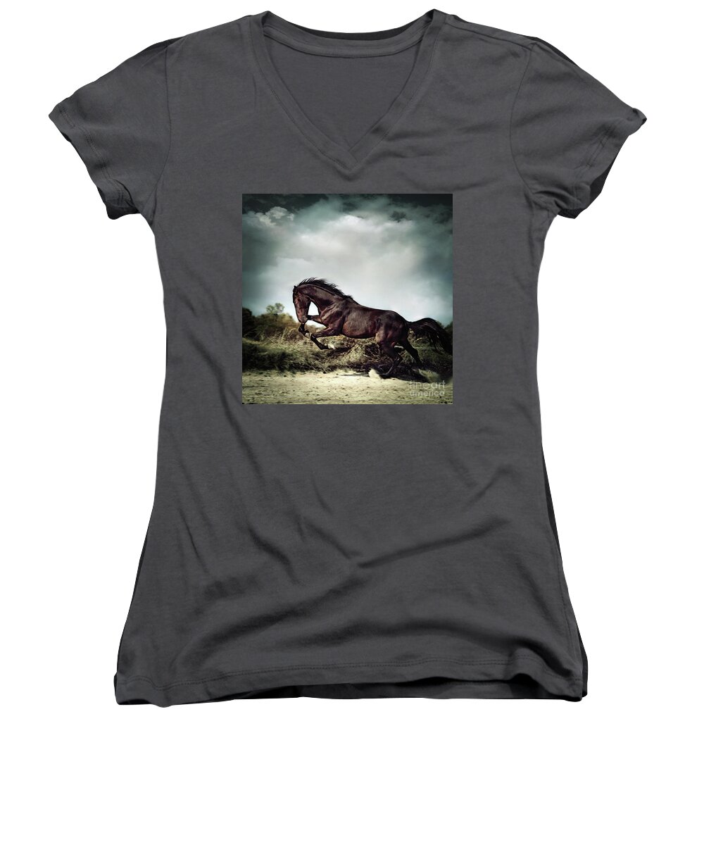 Horse Women's V-Neck featuring the photograph Beautiful black stallion horse running on the stormy sky by Dimitar Hristov