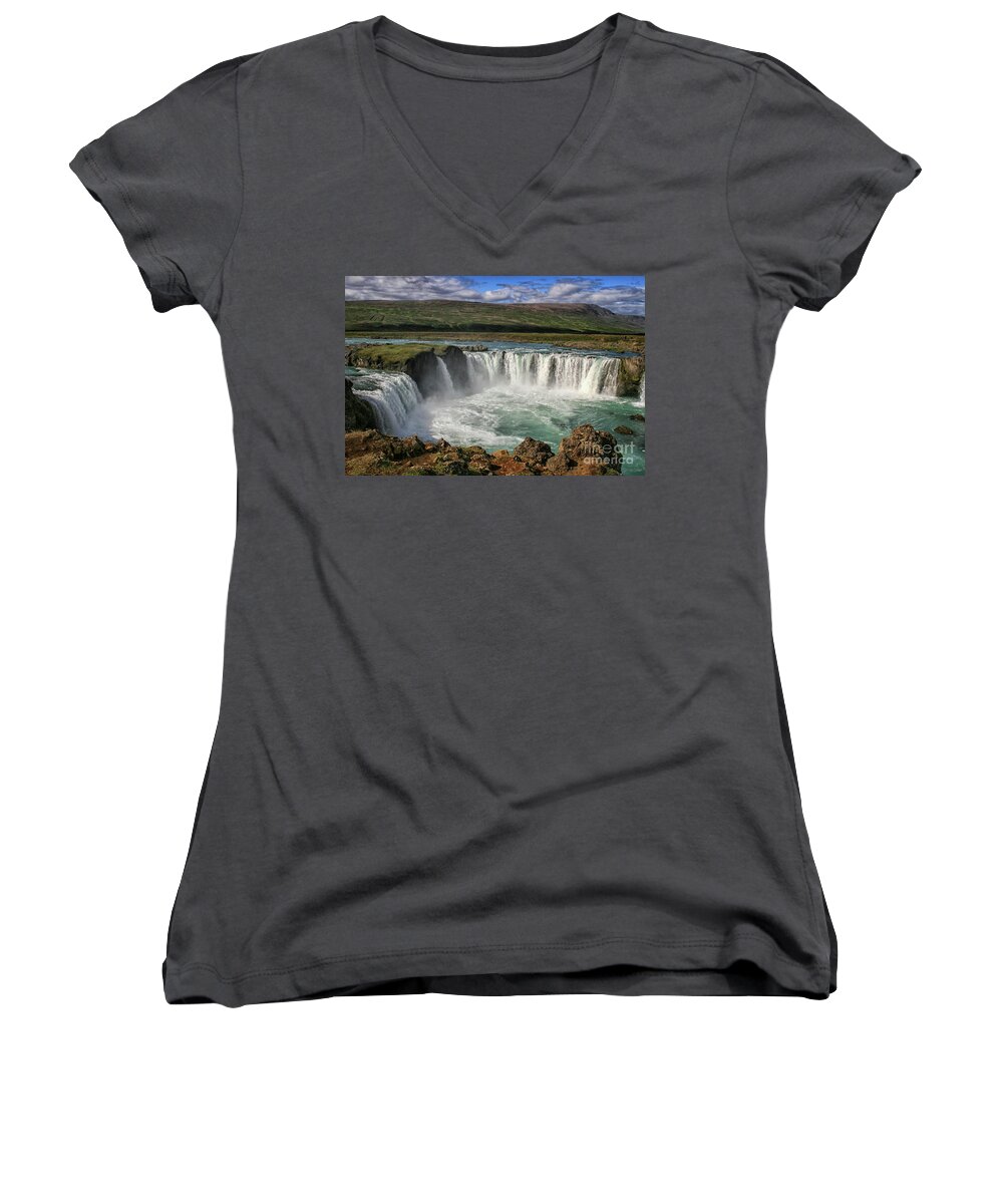Danger Women's V-Neck featuring the photograph Beautiful Godafoss waterfall in Iceland by Patricia Hofmeester