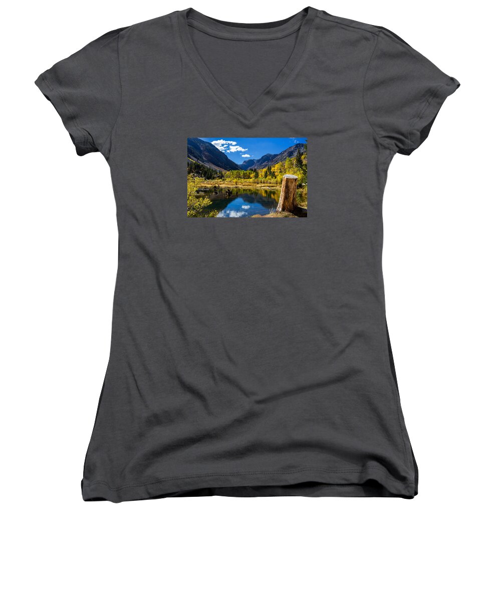 Eastern Sierras Women's V-Neck featuring the photograph Beaver Pond by Tassanee Angiolillo