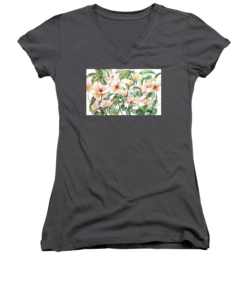 Floral Women's V-Neck featuring the painting Bee Happy by Debbie Lewis