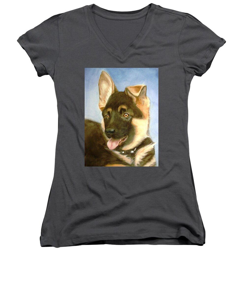 German Shepherd Puppy Women's V-Neck featuring the painting Bella by Marilyn Jacobson