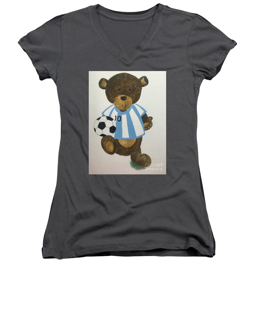 Teddy Bear Women's V-Neck featuring the painting Benny bear soccer by Tamir Barkan