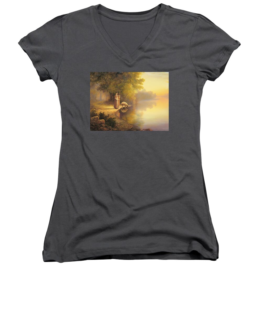 Jesus Women's V-Neck featuring the painting Beside Still Waters by Greg Olsen