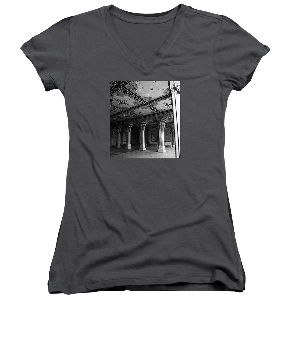 Central Park Women's V-Neck featuring the photograph Bethesda Terrace Arcade in Central Park - BW by James Aiken
