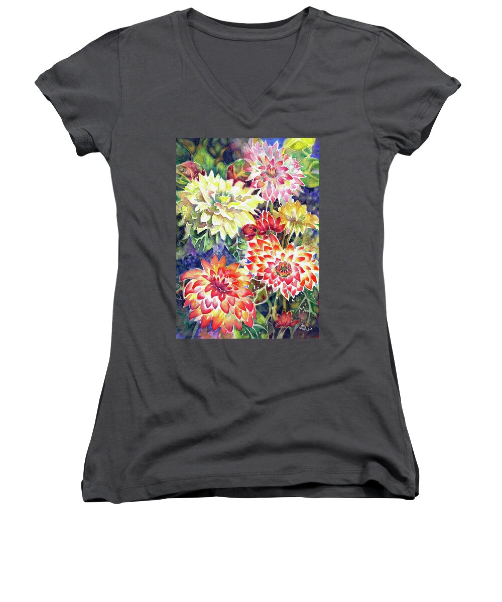 Watercolor Women's V-Neck featuring the painting bety's Dahlias by Ann Nicholson