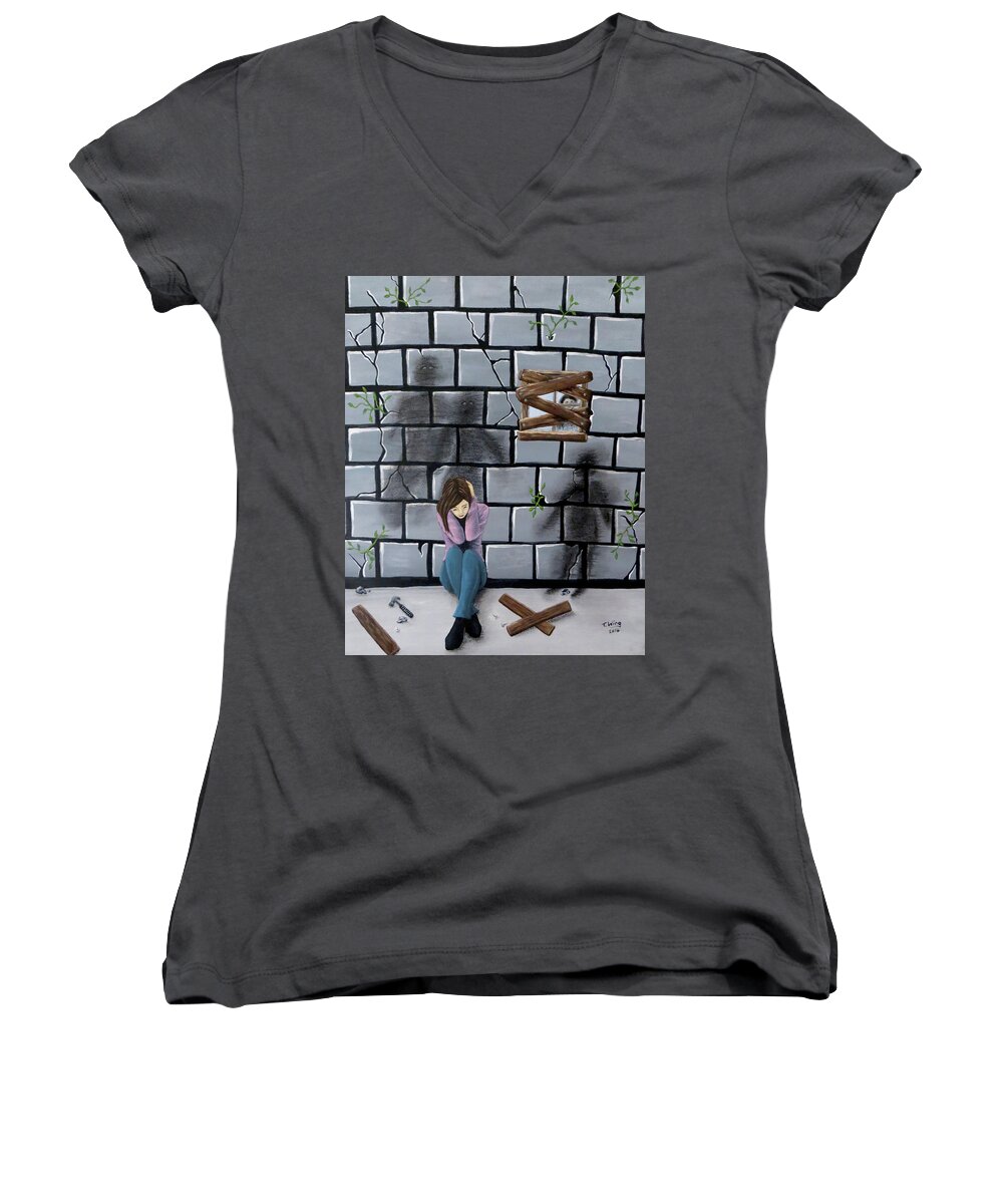Wall Women's V-Neck featuring the painting Beyond The Wall by Teresa Wing