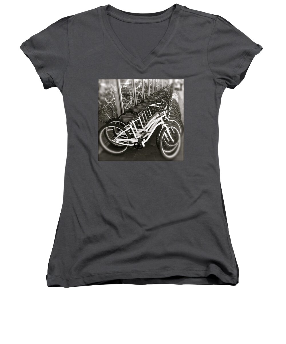 Bicycles Women's V-Neck featuring the photograph Bicycles in Belmont Shore by Gwyn Newcombe