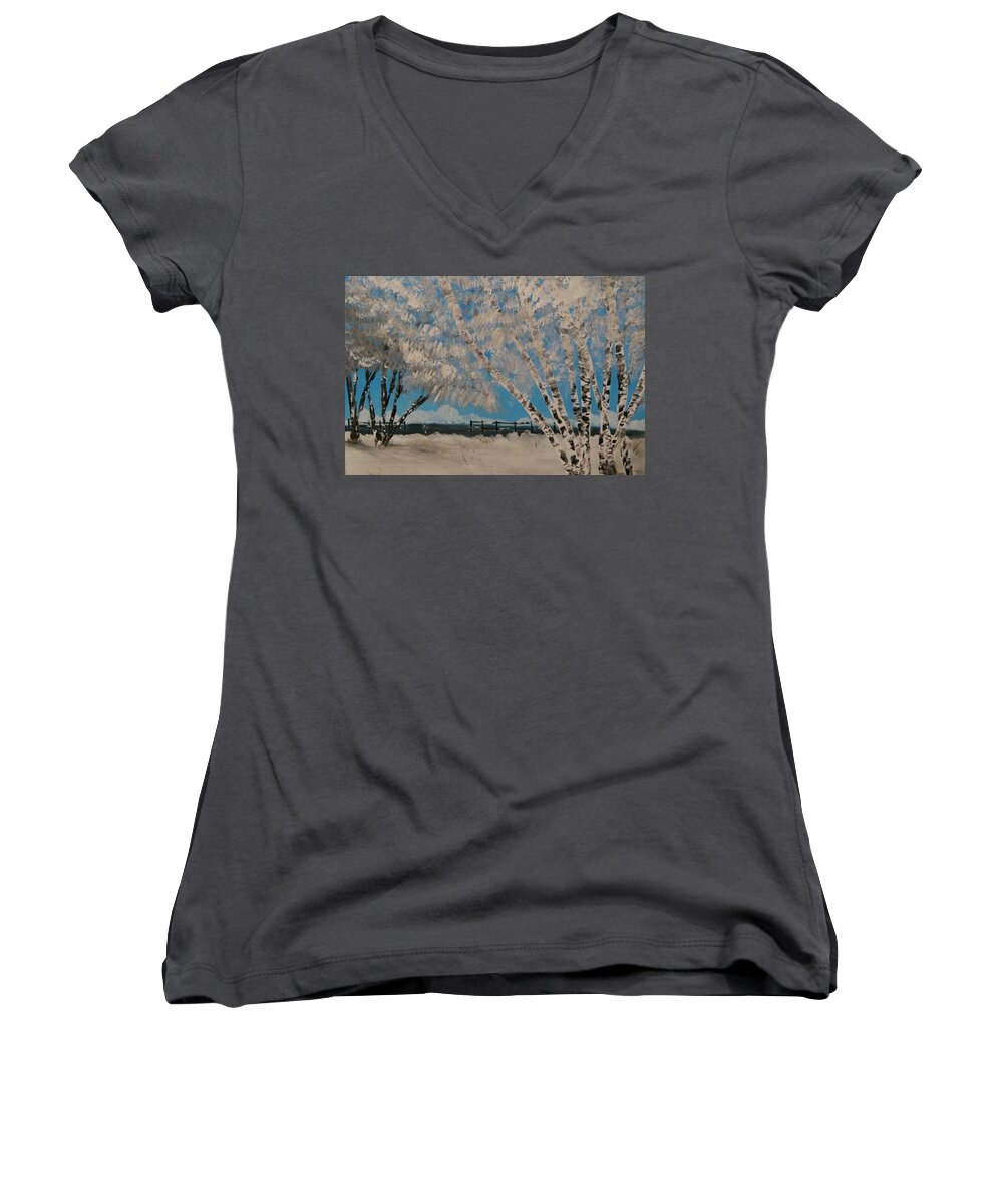 Landscape Women's V-Neck featuring the painting Birch Snow by Etta Harris