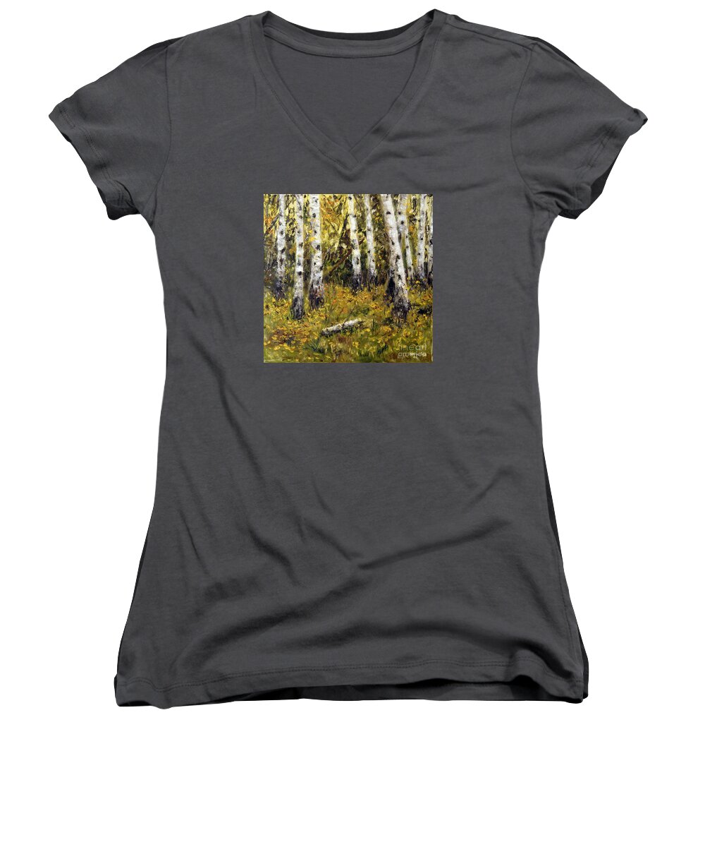 Landscape Women's V-Neck featuring the painting Birches by Arturas Slapsys