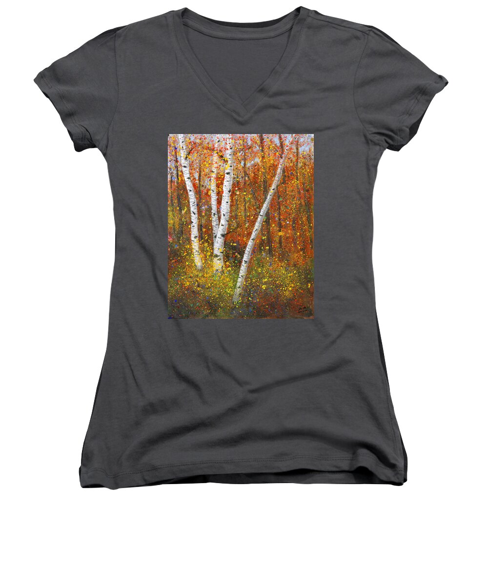 Birches Women's V-Neck featuring the painting Birches by Garry McMichael