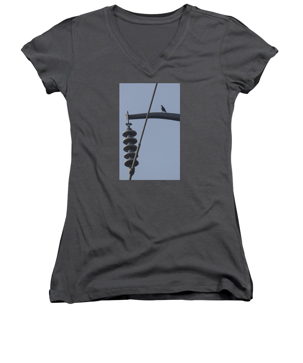 Bird Women's V-Neck featuring the photograph Bird on a high wire by Sheri Simmons