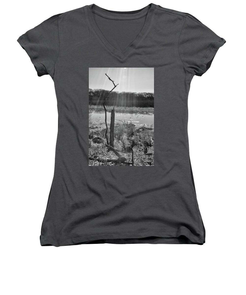 Black & White Women's V-Neck featuring the photograph Black and White Bog by Jim Shackett