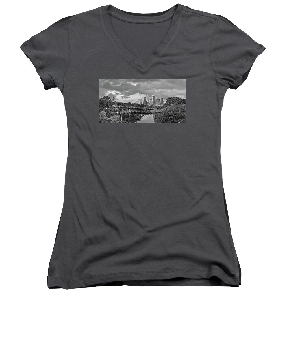 Downtown Women's V-Neck featuring the photograph Black and White Panorama of Downtown Houston and Buffalo Bayou from the Studemont Bridge - Texas by Silvio Ligutti