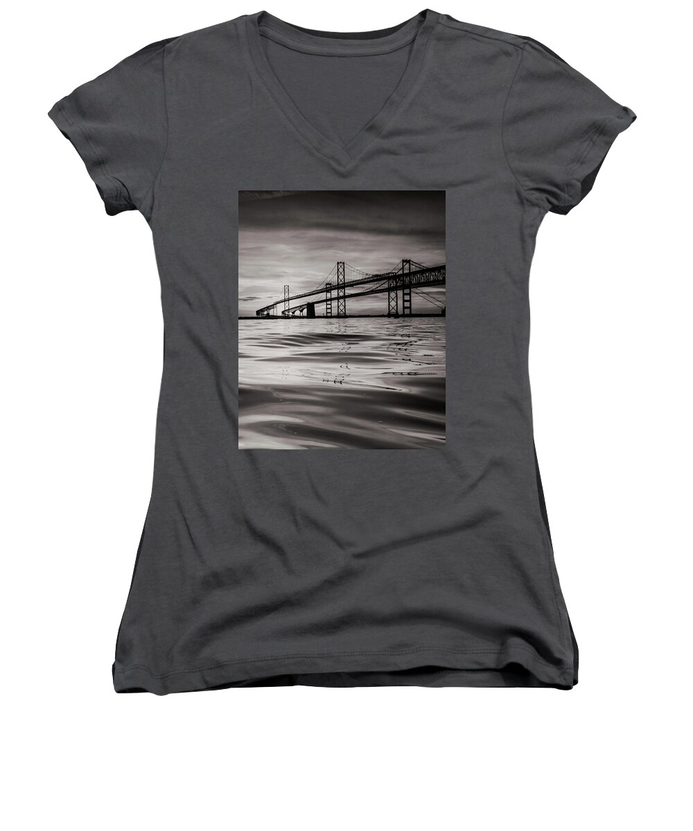 Waterscape Women's V-Neck featuring the photograph Black and White Reflections 2 by Jennifer Casey