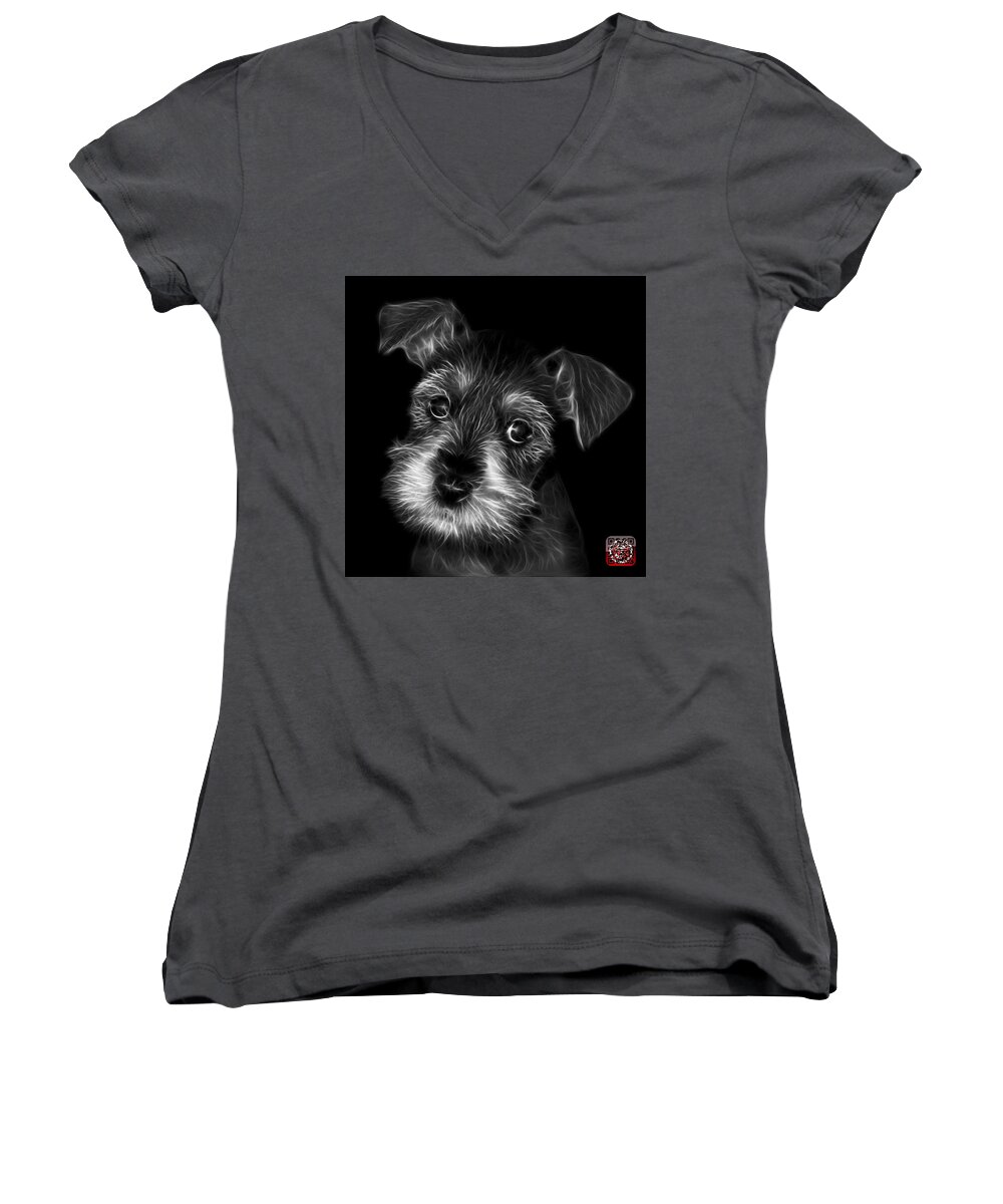 Yscale Women's V-Neck featuring the digital art Black and White Salt and Pepper Schnauzer Puppy 7206 F by James Ahn