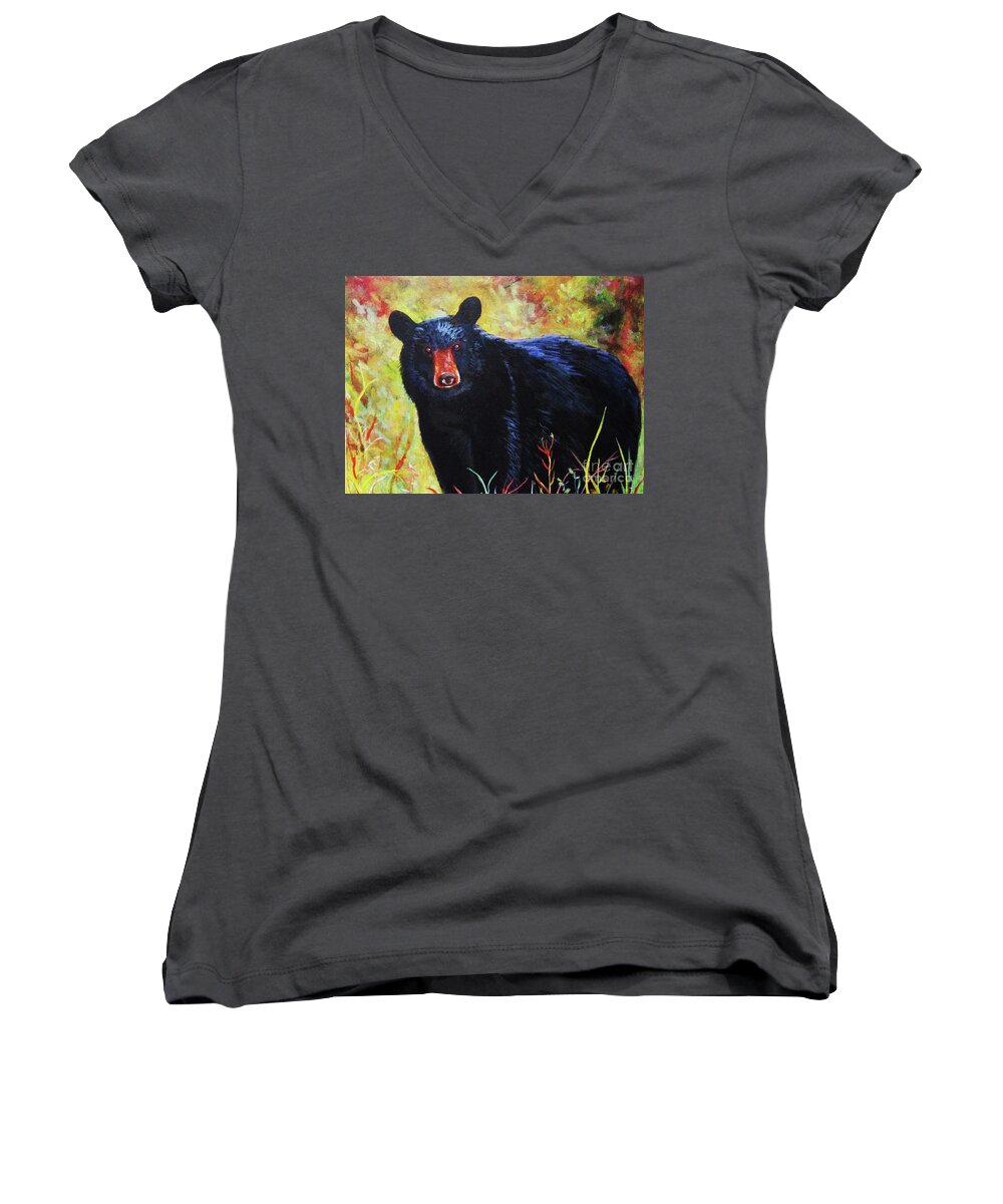 Bear Women's V-Neck featuring the painting Black Bear by Anne Marie Brown
