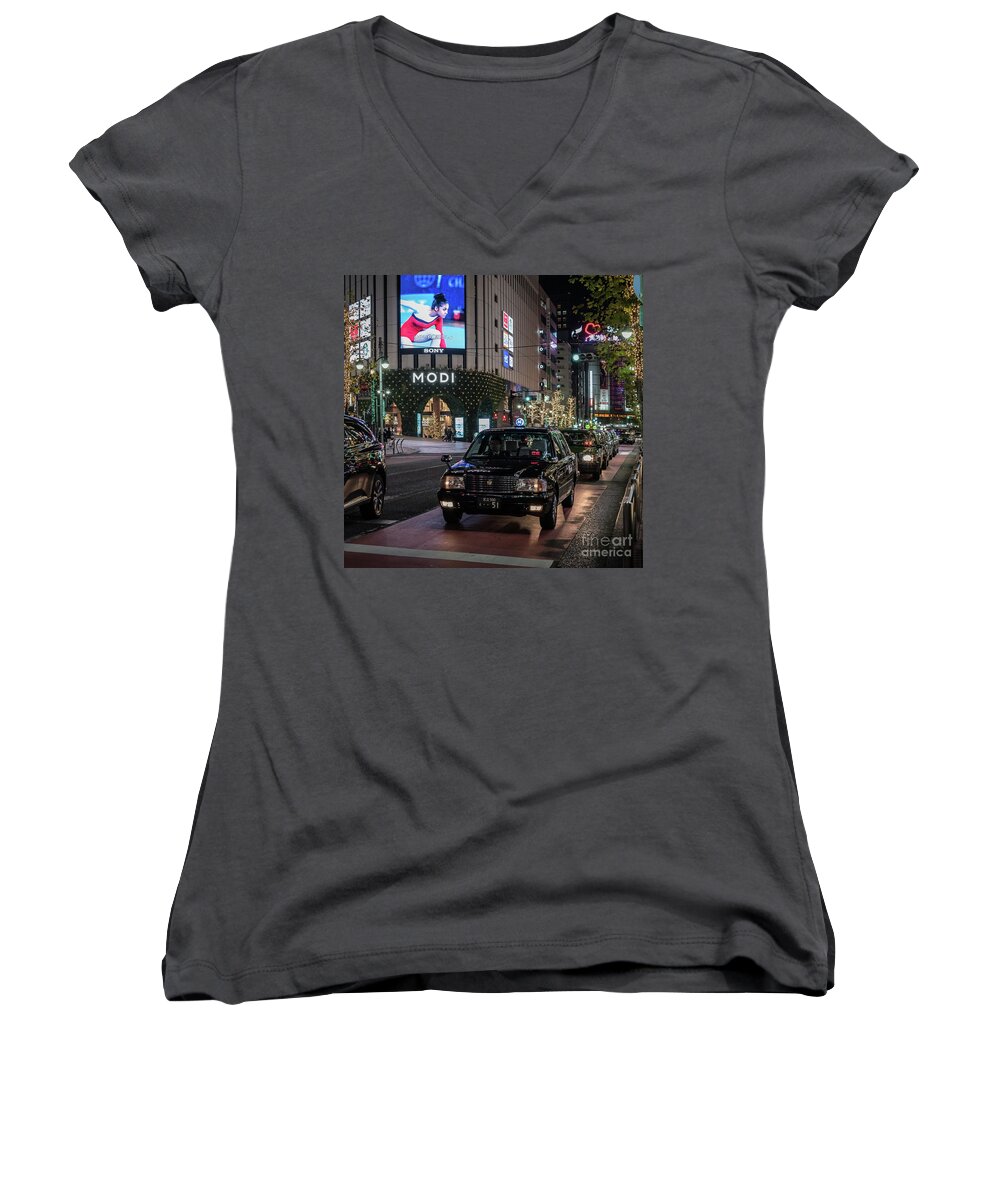 People Women's V-Neck featuring the photograph Black Taxi in Tokyo, Japan by Perry Rodriguez