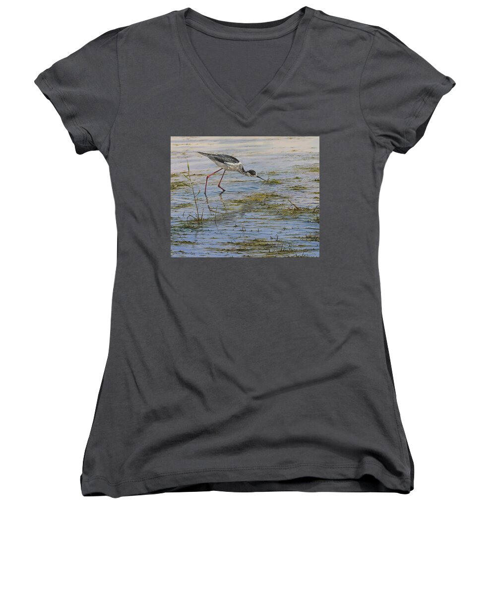 Wildlife Paintings Women's V-Neck featuring the painting Black WInged Stilt by Alan M Hunt