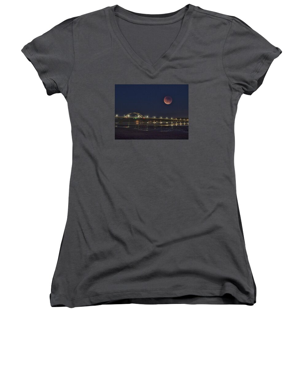 Alsea Women's V-Neck featuring the photograph Blood Moon over Alsea Bay by HW Kateley
