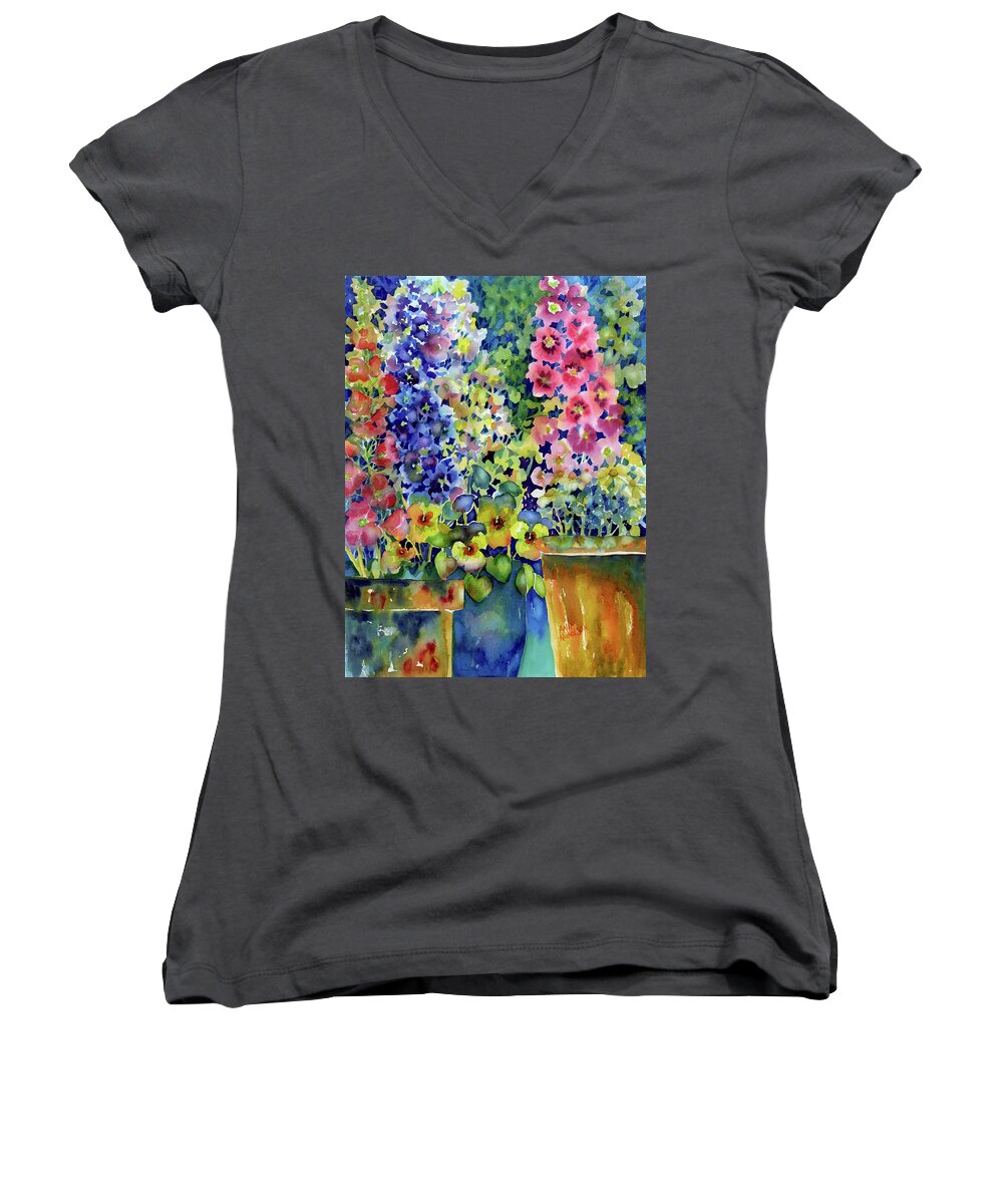 Watercolor Women's V-Neck featuring the painting Blooms in Pots by Ann Nicholson