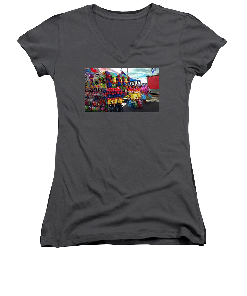 Mighty Sight Studio State Fair Photo Art Abstract Carnival Women's V-Neck featuring the photograph Blowed Up by Steve Sperry